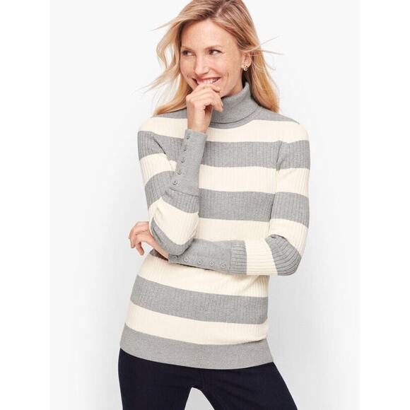 Talbots Button Cuff Ribbed Turtleneck Sweater Size XL Shimmer Stripe Preppy - Picture 1 of 9